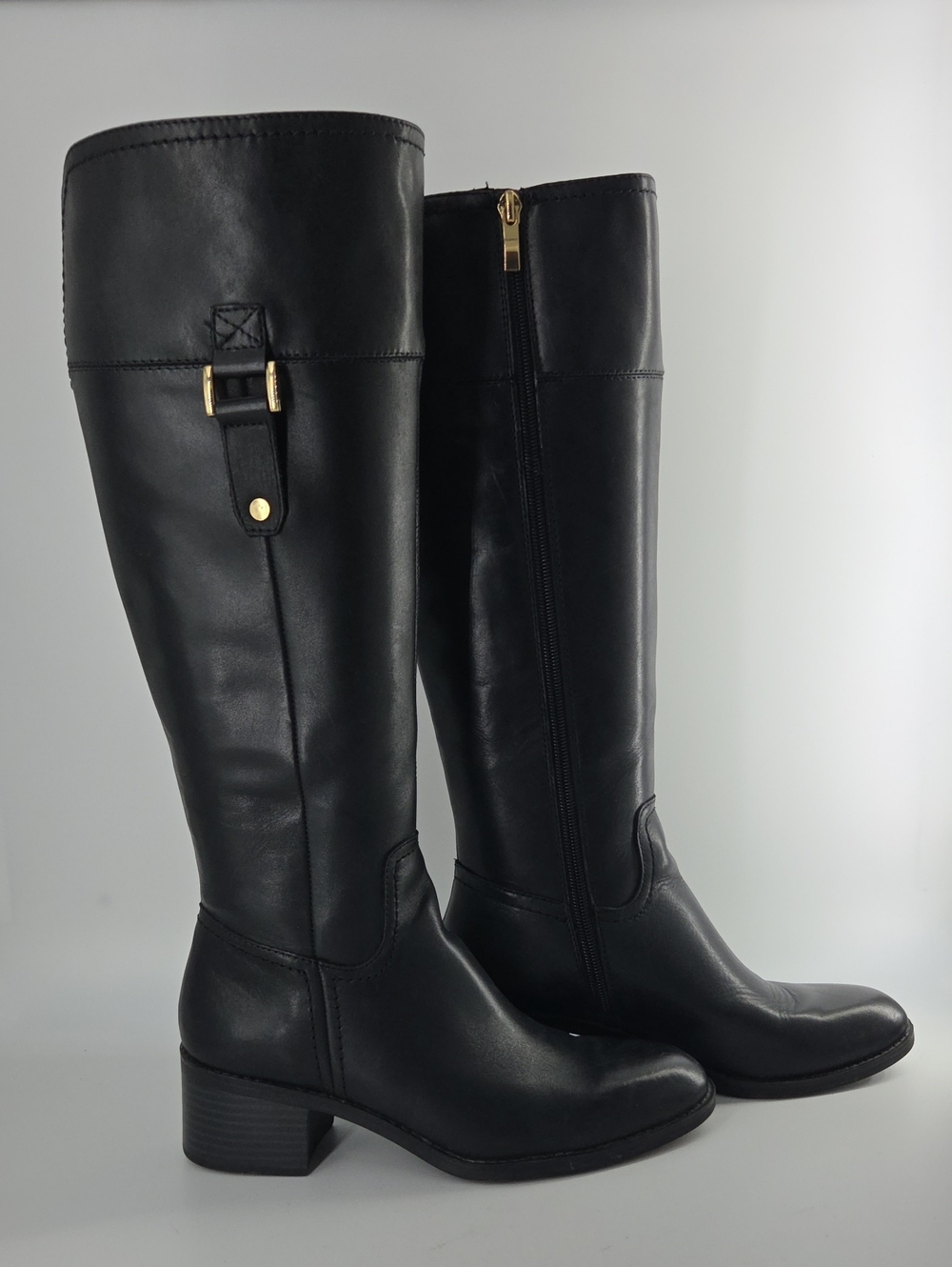 Franco Sarto Black Knee-High Leather Buckle Riding Boots Size 7